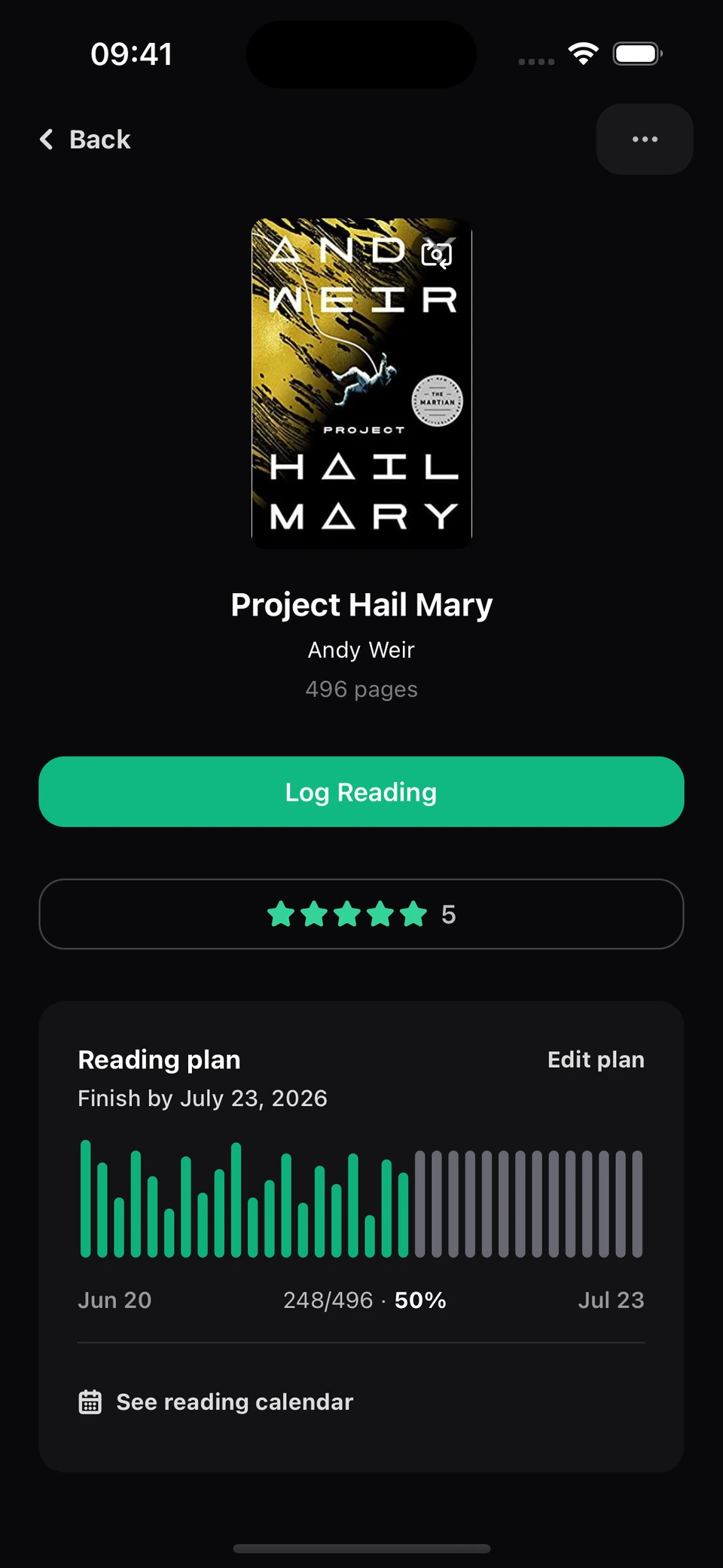 A book's reading plan in Leaf, projecting the daily pages needed to finish by a chosen date.
