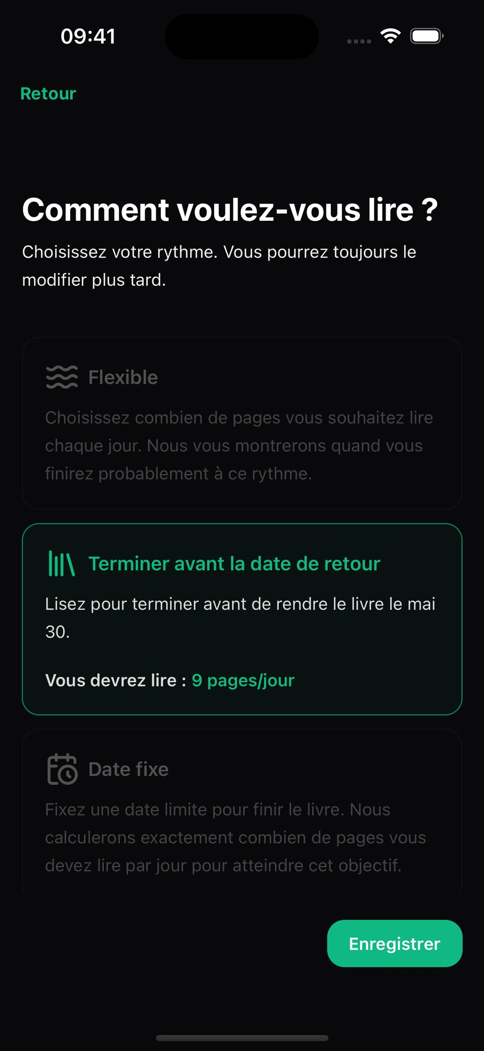Écran d'ajout de livre avec l'option Emprunté à la bibliothèque activée et une date de retour au 30 mai
