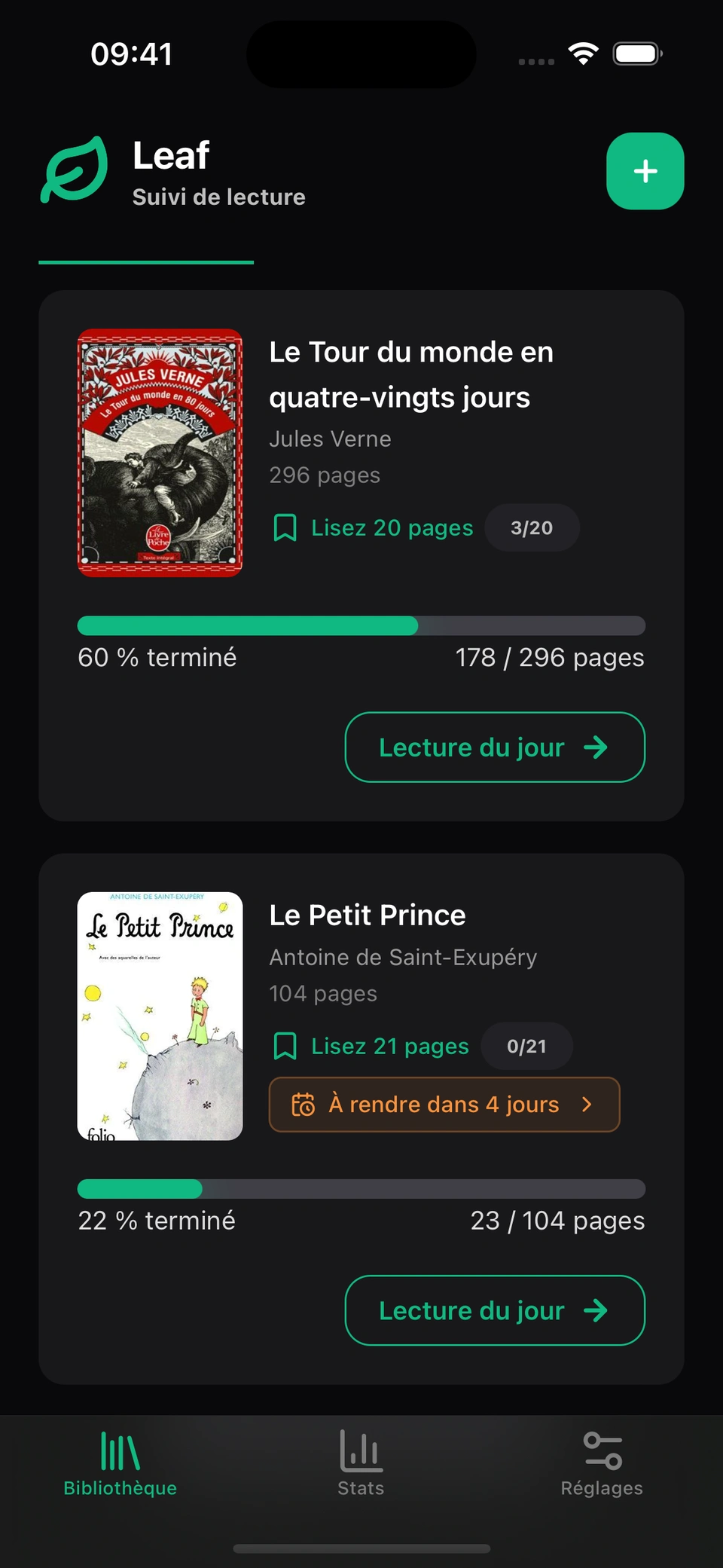 Le lecteur choisit Finir avant la date de retour et Leaf affiche 22 pages par jour pour finir avant le 30 mai