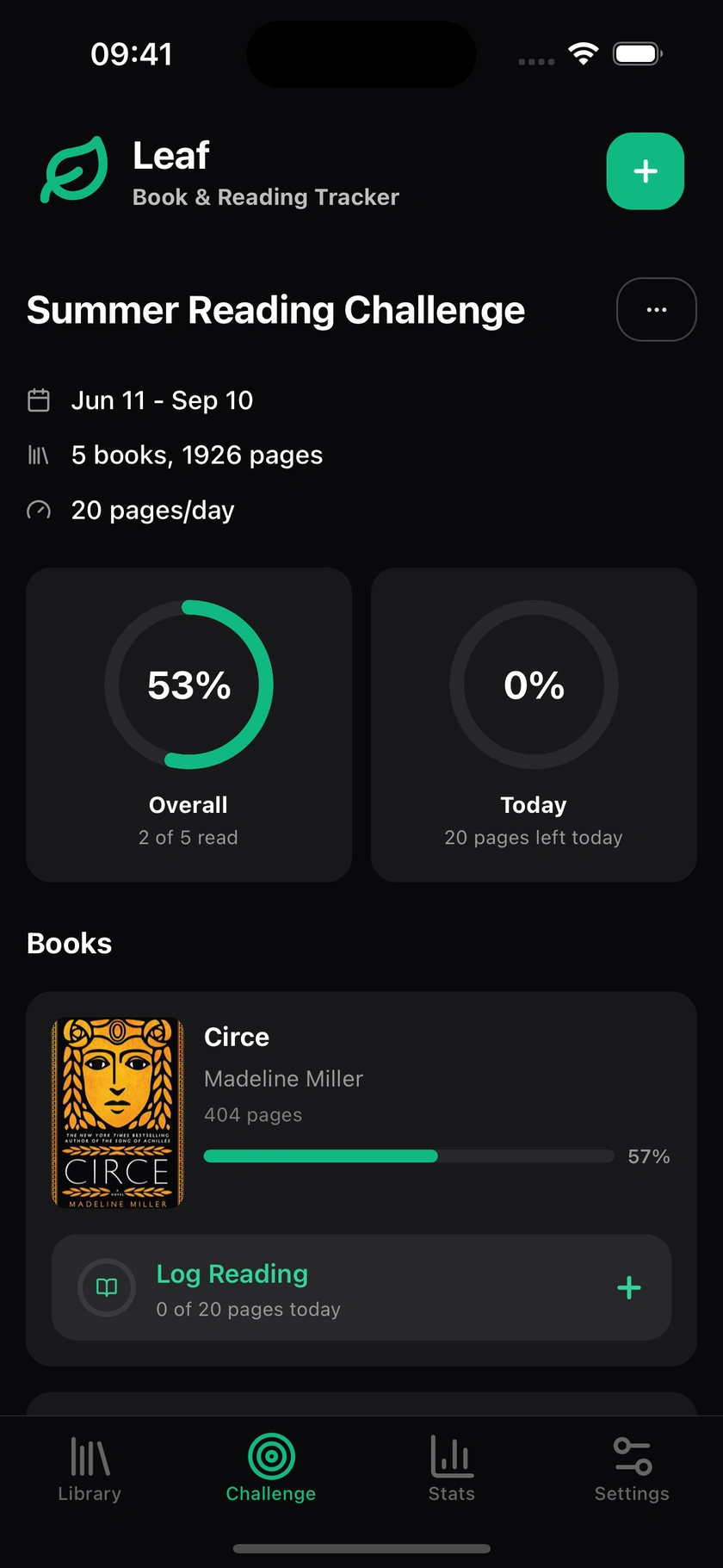 The challenge screen with today's page target and the book in progress