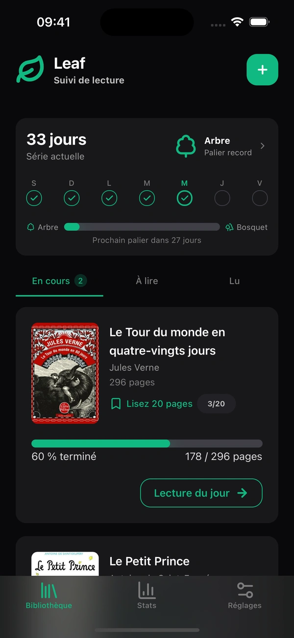 Écran d'accueil de Leaf affichant votre série de lecture et vos livres en cours