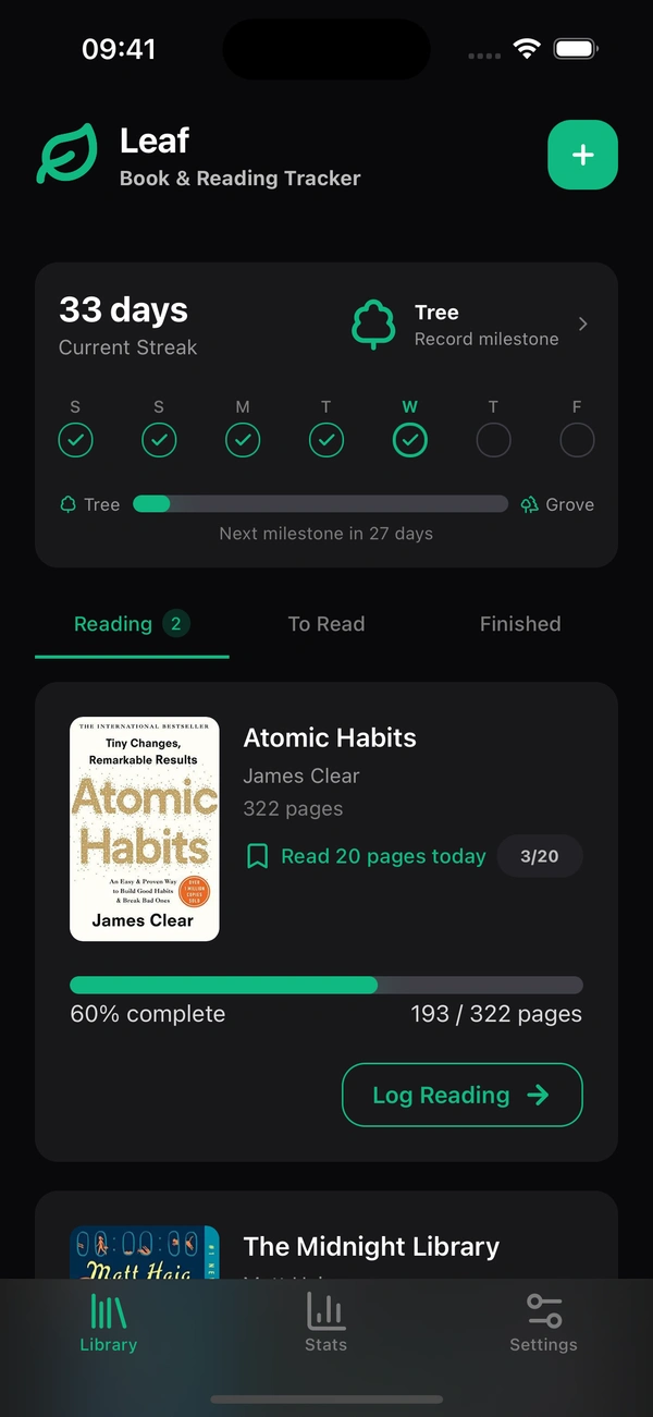 Leaf home screen showing your reading streak and current books