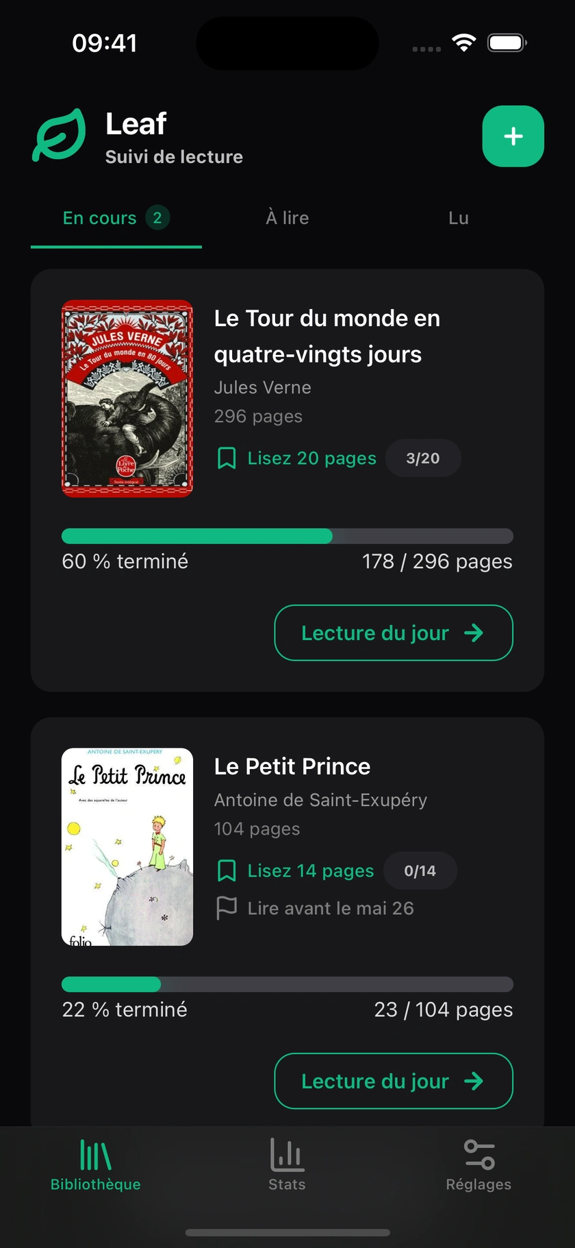 Onglet bibliothèque de Leaf avec vos livres en cours