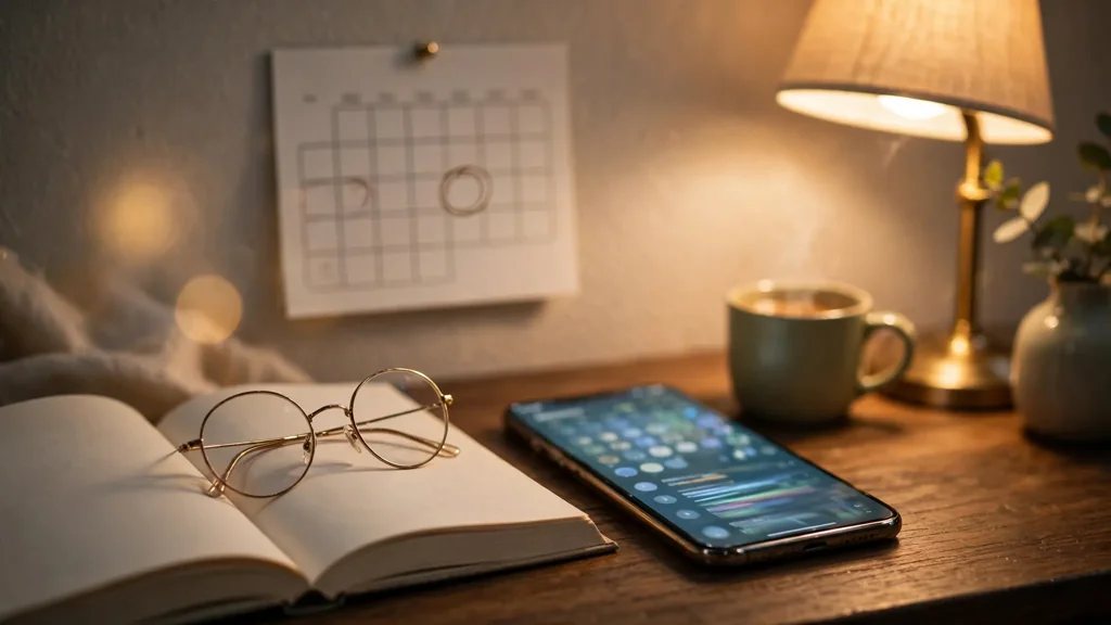 An open book with round glasses resting on it, a phone and a mug on a lamp-lit bedside table, and a wall calendar with circled days