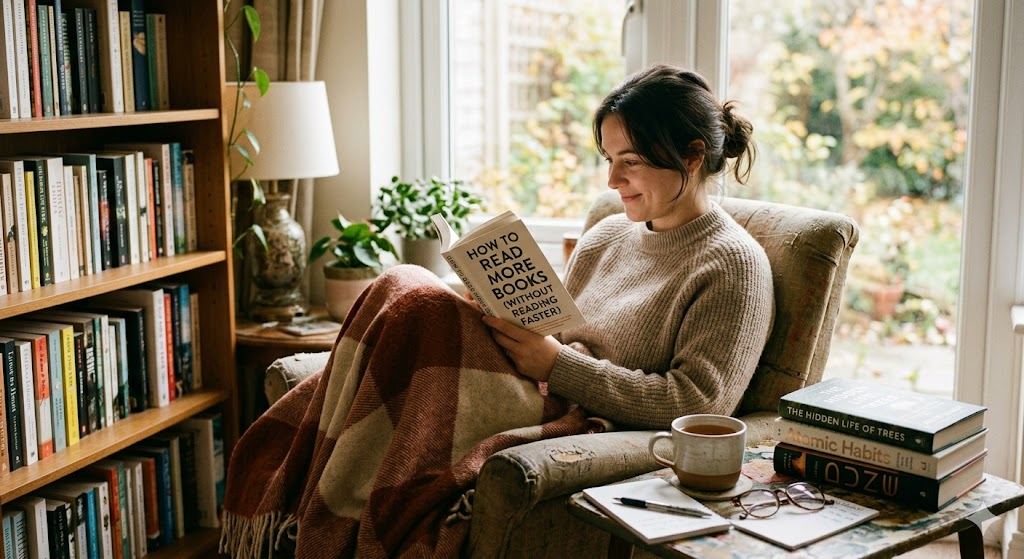 A woman reading in an armchair by a window, holding a book titled How to Read More Books