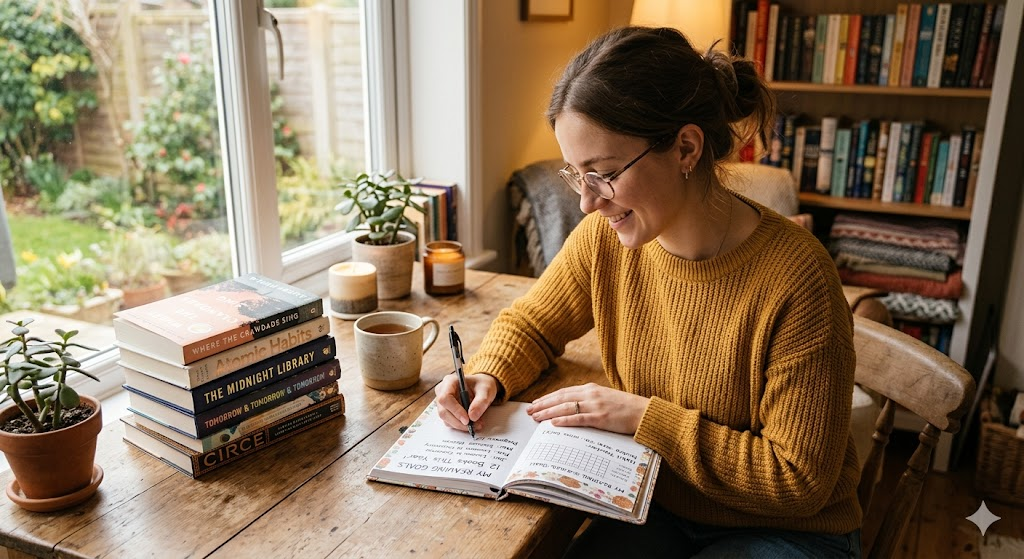 A woman writing her reading goals in a journal at a wooden desk surrounded by a stack of books