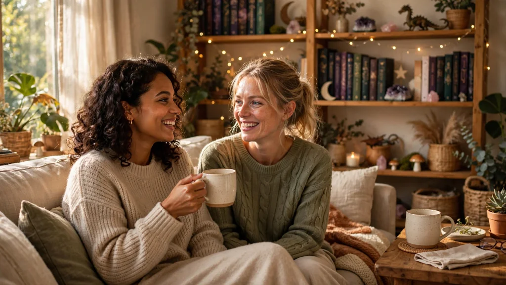 Two friends talking over mugs of tea on a sofa beside a full bookshelf