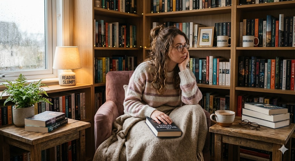 A woman staring out a rainy window in a cosy reading nook, a book resting unread on her lap