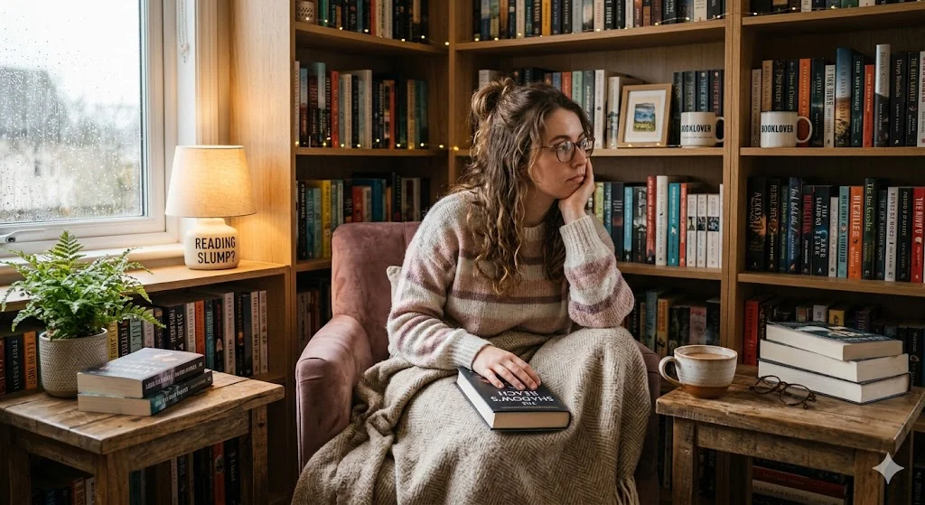 A woman staring out a rainy window in a cosy reading nook, a book resting unread on her lap